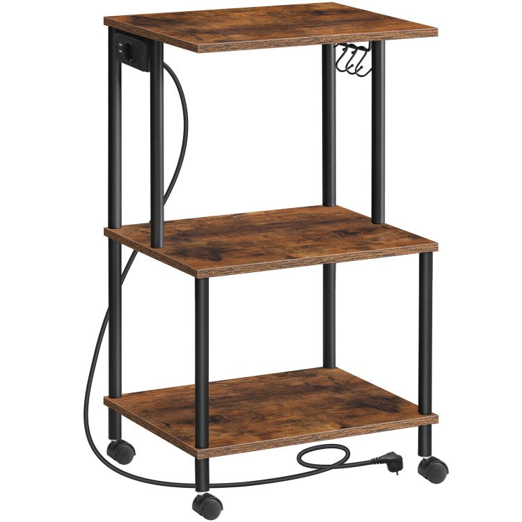 HOOBRO Druckerwagen mit Ladestation, 3 Ebenen, mit Rollen/verstellbaren Füßen, 3 Haken, gegengeschraubte Struktur, für Büro, Wohnzimmer, Küche, Schlafzimmer, Vintagebraun und Schwarz