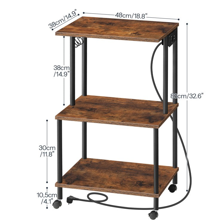 HOOBRO Druckerwagen mit Ladestation, 3 Ebenen, mit Rollen/verstellbaren Füßen, 3 Haken, gegengeschraubte Struktur, für Büro, Wohnzimmer, Küche, Schlafzimmer, Vintagebraun und Schwarz