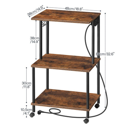 HOOBRO Druckerwagen mit Ladestation, 3 Ebenen, mit Rollen/verstellbaren Füßen, 3 Haken, gegengeschraubte Struktur, für Büro, Wohnzimmer, Küche, Schlafzimmer, Vintagebraun und Schwarz