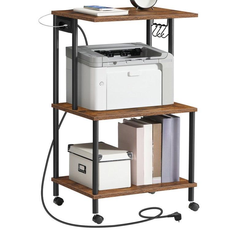HOOBRO Druckerwagen mit Ladestation, 3 Ebenen, mit Rollen/verstellbaren Füßen, 3 Haken, gegengeschraubte Struktur, für Büro, Wohnzimmer, Küche, Schlafzimmer, Vintagebraun und Schwarz