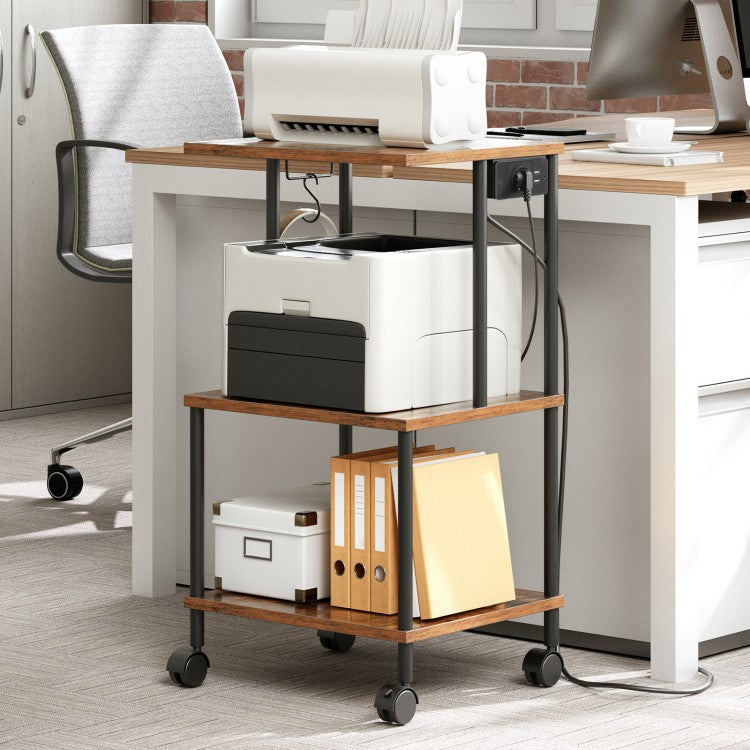 HOOBRO Druckerwagen mit Ladestation, 3 Ebenen, mit Rollen/verstellbaren Füßen, 3 Haken, gegengeschraubte Struktur, für Büro, Wohnzimmer, Küche, Schlafzimmer, Vintagebraun und Schwarz