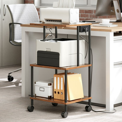 HOOBRO Druckerwagen mit Ladestation, 3 Ebenen, mit Rollen/verstellbaren Füßen, 3 Haken, gegengeschraubte Struktur, für Büro, Wohnzimmer, Küche, Schlafzimmer, Vintagebraun und Schwarz