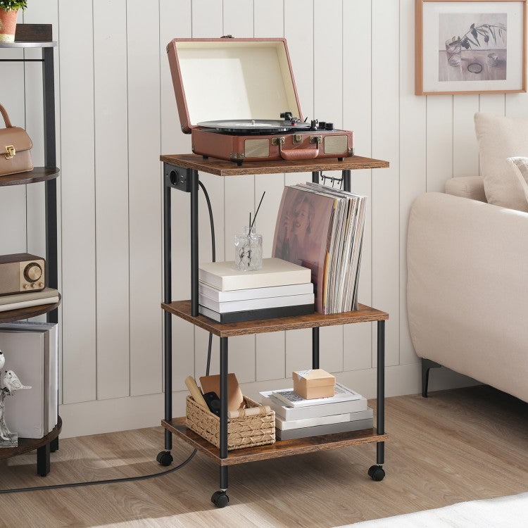 HOOBRO Druckerwagen mit Ladestation, 3 Ebenen, mit Rollen/verstellbaren Füßen, 3 Haken, gegengeschraubte Struktur, für Büro, Wohnzimmer, Küche, Schlafzimmer, Vintagebraun und Schwarz