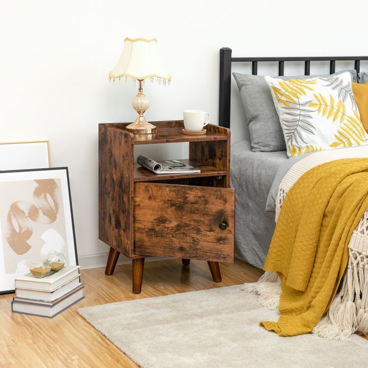 HOOBRO Nachttisch 2er Set, Nachtschrank Links Oder Rechts Geöffnet, Beine aus Kiefernholz, Beistelltisch mit Tür, Nachtkommode mit offenen Ablagen, Schlafzimmer, Wohnzimmer