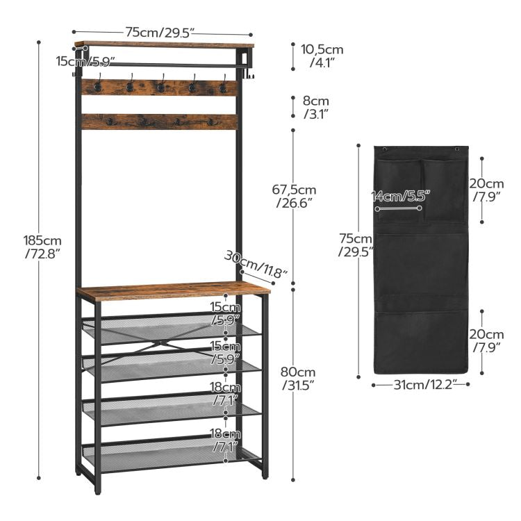 HOOBRO Garderobenständer mit Schuhablage, Schuhregal mit Garderobe, Kleiderständer mit 5 Ebenen Schuhablage, Garderobe mit Schuhschrank, Verstellbares Metallgitterregal