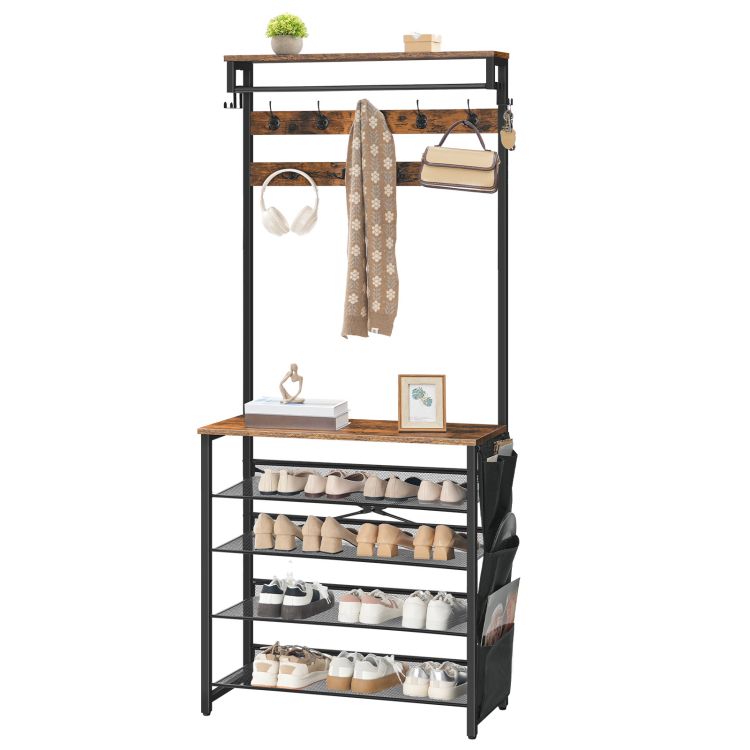 HOOBRO Garderobenständer mit Schuhablage, Schuhregal mit Garderobe, Kleiderständer mit 5 Ebenen Schuhablage, Garderobe mit Schuhschrank, Verstellbares Metallgitterregal
