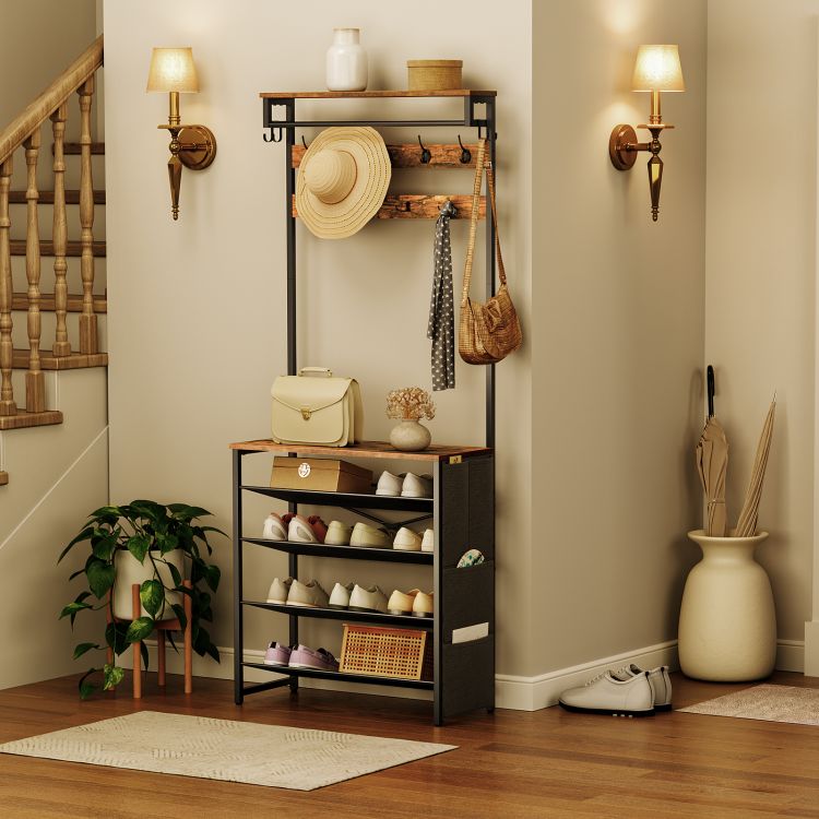 HOOBRO Garderobenständer mit Schuhablage, Schuhregal mit Garderobe, Kleiderständer mit 5 Ebenen Schuhablage, Garderobe mit Schuhschrank, Verstellbares Metallgitterregal
