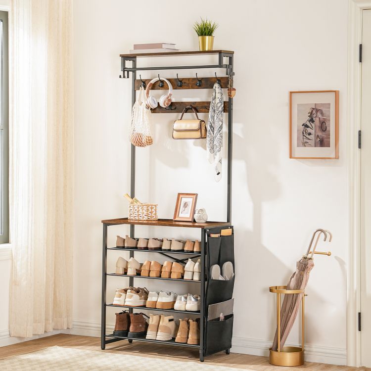 HOOBRO Garderobenständer mit Schuhablage, Schuhregal mit Garderobe, Kleiderständer mit 5 Ebenen Schuhablage, Garderobe mit Schuhschrank, Verstellbares Metallgitterregal