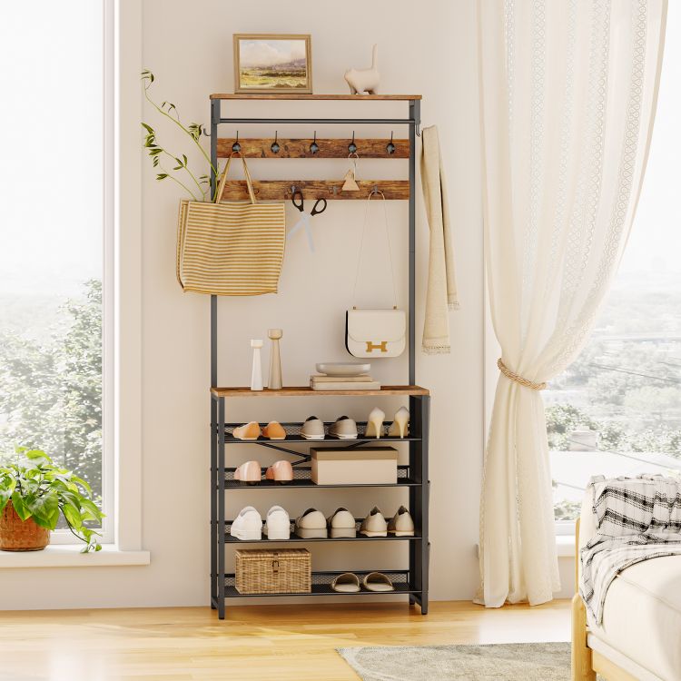 HOOBRO Garderobenständer mit Schuhablage, Schuhregal mit Garderobe, Kleiderständer mit 5 Ebenen Schuhablage, Garderobe mit Schuhschrank, Verstellbares Metallgitterregal