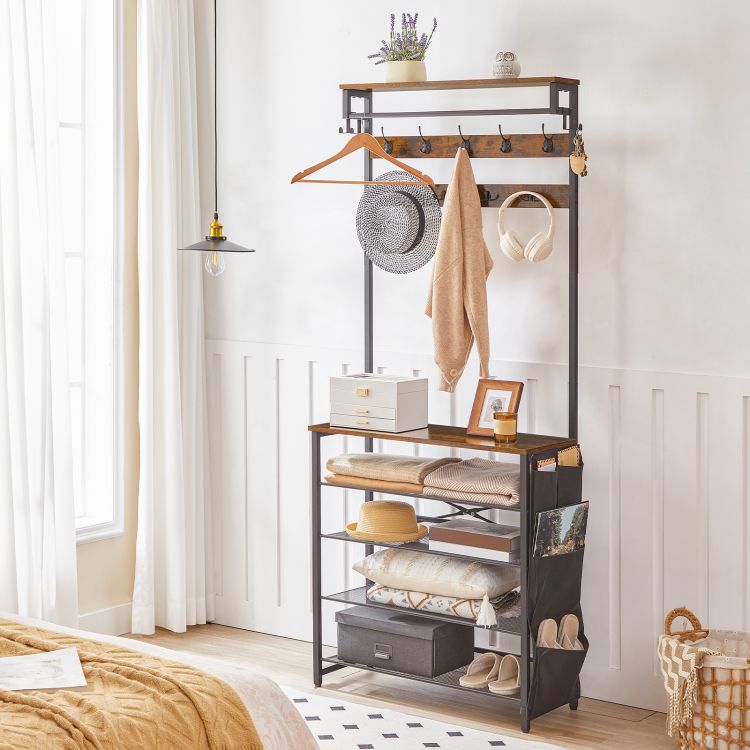 HOOBRO Garderobenständer mit Schuhablage, Schuhregal mit Garderobe, Kleiderständer mit 5 Ebenen Schuhablage, Garderobe mit Schuhschrank, Verstellbares Metallgitterregal