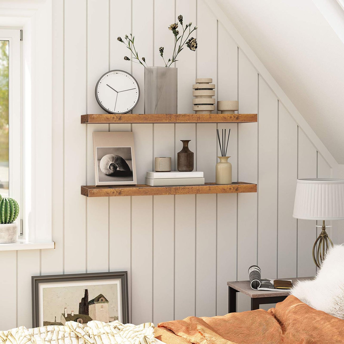 HOOBRO Wandregal, Schweberegal 2er-Set, stabile Wandboards, 80 x 20 x 3,8 cm Hängeregale, mit unsichtbaren Halterungen, für Bad, Schlafzimmer, Küche, Büro, Wohnzimmer, Vintagebraun
