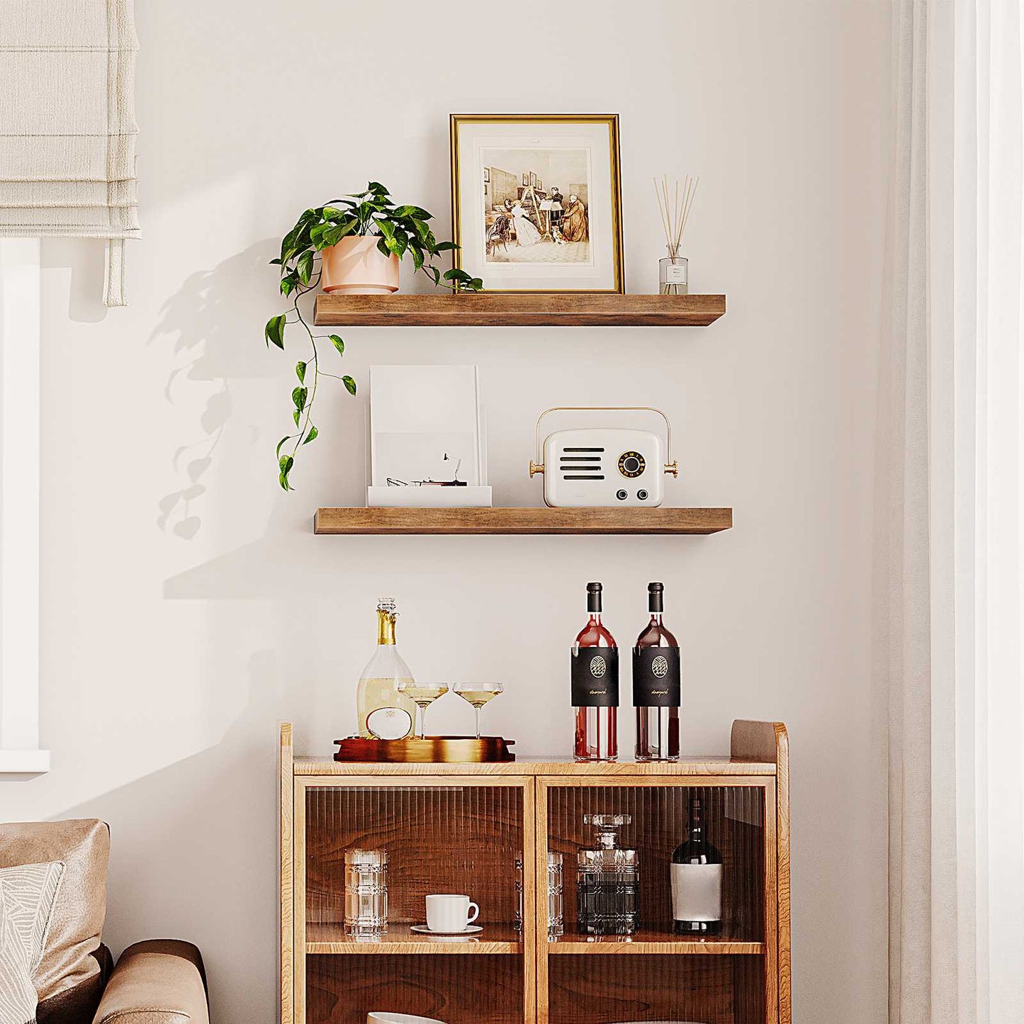 HOOBRO Wandregal, Schweberegal 2er-Set, stabile Wandboards, 80 x 20 x 3,8 cm Hängeregale, mit unsichtbaren Halterungen, für Bad, Schlafzimmer, Küche, Büro, Wohnzimmer, Vintagebraun