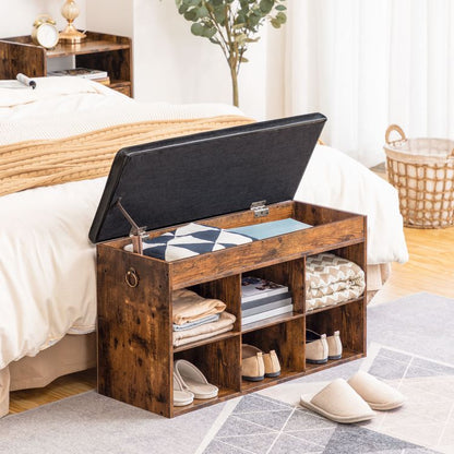HOOBRO Schuhbank, gepolsterte Sitzbank, Schuhregal mit Stauraum unter der Sitzfläche, Schuhschrank mit 6 offene Fächern, bis 135 kg belastbar, für Eingang, Flur, Wohnzimmer, Schlafzimmer