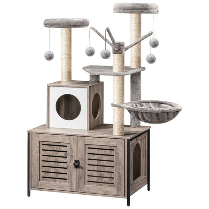HOOBRO kratzbaum mit katzenklo Schrank, katzenbaumTurm, All-in-One-Katzenmöbel für drinnen, versteckte Katzentoilettenmöbel, 132 cm, Abnehmbare Plüschball-Stangen