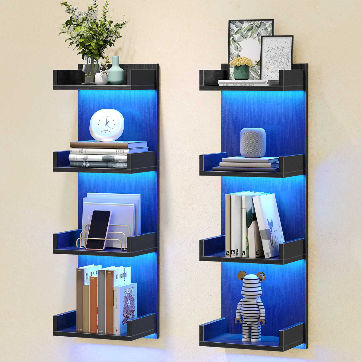 HOOBRO 4 Tier LED Lighted Display Floating Wall Shelves for Bedroom & Gaming Room