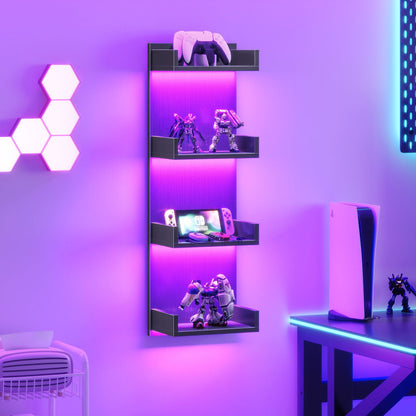 HOOBRO 4 Tier LED Lighted Display Floating Wall Shelves for Bedroom & Gaming Room