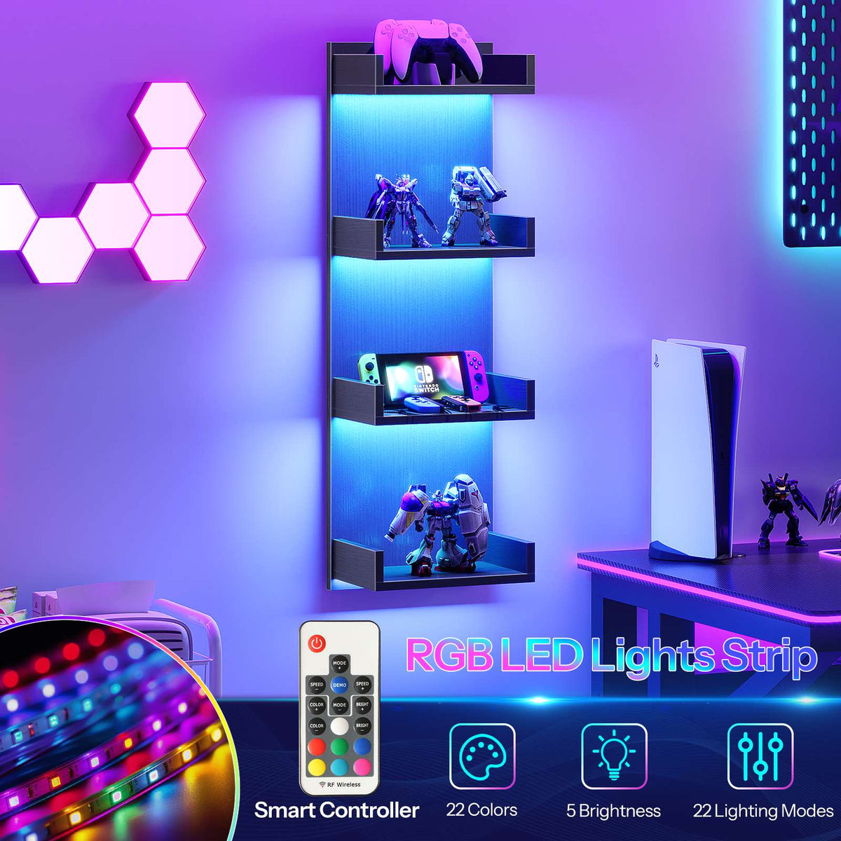 HOOBRO 4 Tier LED Lighted Display Floating Wall Shelves for Bedroom & Gaming Room