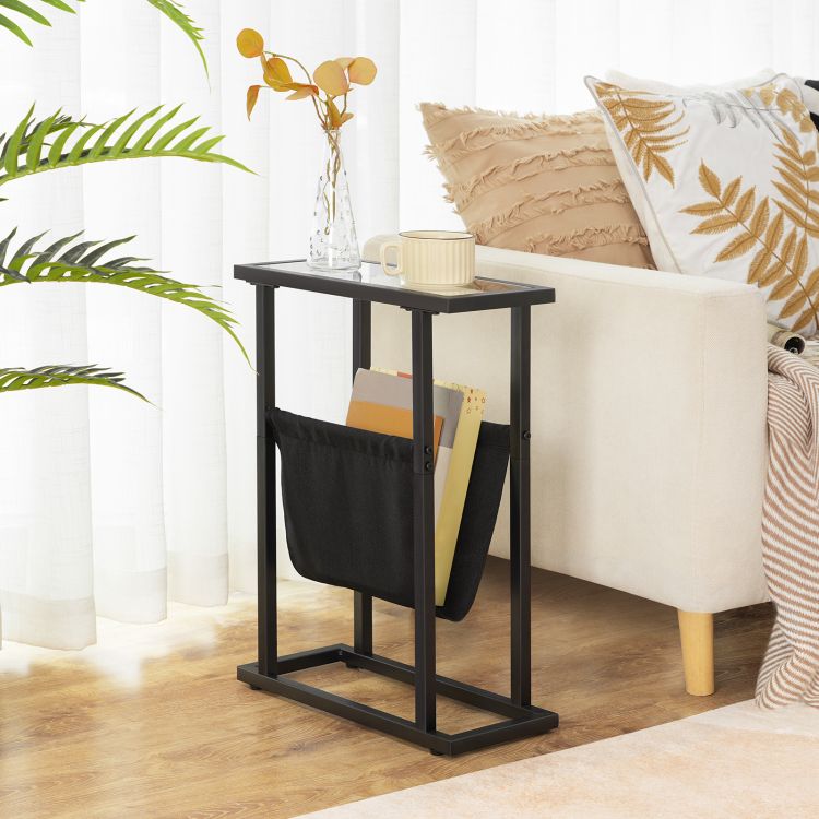 HOOBRO Beistelltisch, schmaler Bett-Beistelltisch, Beistelltisch aus gehärtetem Glas, Kleiner Beistelltisch mit Zeitschriftenhalter, Sofa-Beistelltisch für Wohnzimmer, platzsparend
