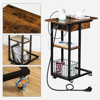 HOOBRO Beistelltisch mit Ladestation, Flip C-Form Sofatisch, Couchtisch mit Rädern und Ablagefläche, Nachttisch für Wohnzimmer, Schlafzimmer