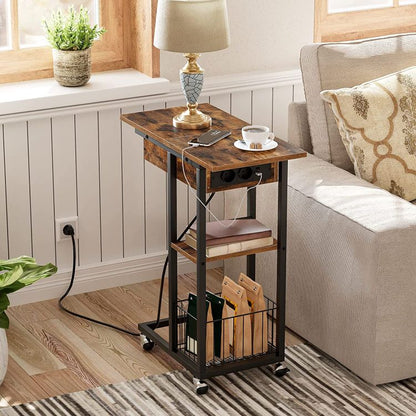 HOOBRO Beistelltisch mit Ladestation, Flip C-Form Sofatisch, Couchtisch mit Rädern und Ablagefläche, Nachttisch für Wohnzimmer, Schlafzimmer