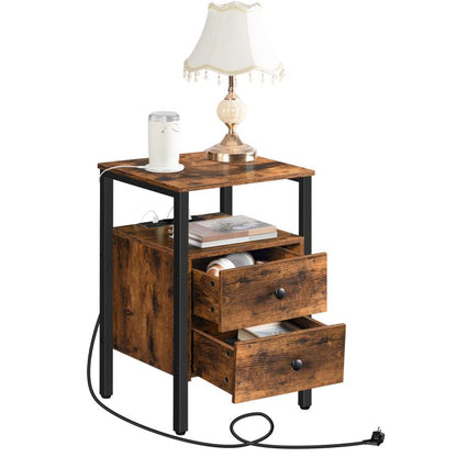 HOOBRO Nachttisch, Couchtisch mit Steckdosen und USB-Anschlüsse, Beistelltisch mit Schubladen und Ablagefläche für kleine Räume, Wohnzimmer, Schlafzimmer, einfach zu montieren