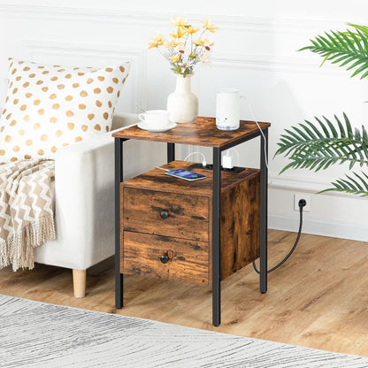 HOOBRO Nachttisch, Couchtisch mit Steckdosen und USB-Anschlüsse, Beistelltisch mit Schubladen und Ablagefläche für kleine Räume, Wohnzimmer, Schlafzimmer, einfach zu montieren