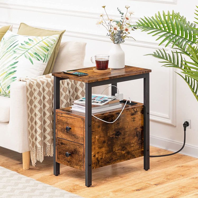 HOOBRO Beistelltisch mit Ladestation, Sofatisch mit 2 Schubladen und USB-Anschluss und Steckdose, Nachttisch für kleine Räume, Stabil und Robust, für Wohnzimmer, Schlafzimmer