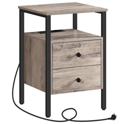 HOOBRO Nachttisch, Couchtisch mit Steckdosen und USB-Anschlüsse, Beistelltisch mit Schubladen und Ablagefläche für kleine Räume, Wohnzimmer, Schlafzimmer, einfach zu montieren