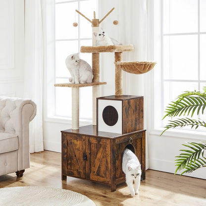 HOOBRO Kratzbaum mit Katzenklo-Schrank, 2-in-1 Katzenbaum, 150 cm, Versteckte Katzentoilettenmöbel, Schrank für Katzentoilette, mit Sisalstämmen, Abnehmbare Plüschball-Stange