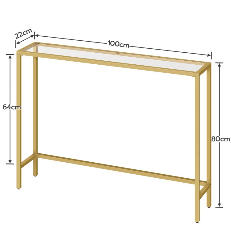 HOOBRO Konsolentisch Gold Flurtisch Gehärtetes Glas Sofatisch Schlank Eingangstisch Modern Konsole Sofatisch Metallgestell 100x22x80cm Beistelltisch für Wohnzimmer