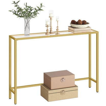 HOOBRO Konsolentisch Gold Flurtisch Gehärtetes Glas Sofatisch Schlank Eingangstisch Modern Konsole Sofatisch Metallgestell 100x22x80cm Beistelltisch für Wohnzimmer