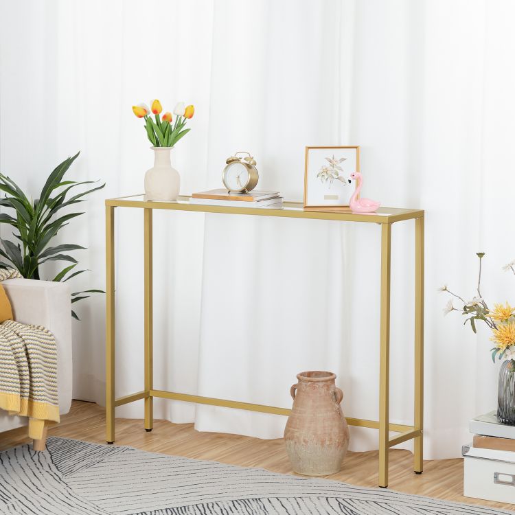 HOOBRO Konsolentisch Gold Flurtisch Gehärtetes Glas Sofatisch Schlank Eingangstisch Modern Konsole Sofatisch Metallgestell 100x22x80cm Beistelltisch für Wohnzimmer