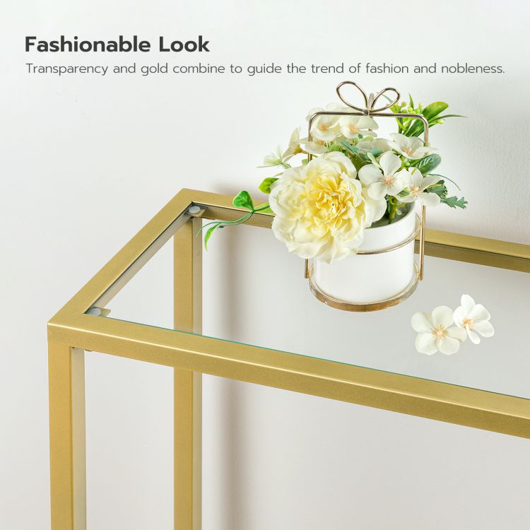 HOOBRO Konsolentisch Gold Flurtisch Gehärtetes Glas Sofatisch Schlank Eingangstisch Modern Konsole Sofatisch Metallgestell 100x22x80cm Beistelltisch für Wohnzimmer