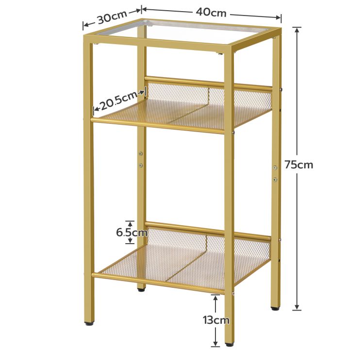 HOOBRO Beistelltisch Gold, Telefontisch, 3-stöckiger Nachttisch mit Platte aus gehärtetem Glas und Gitter, Sofatisch für Wohnzimmer, Schlafzimmer