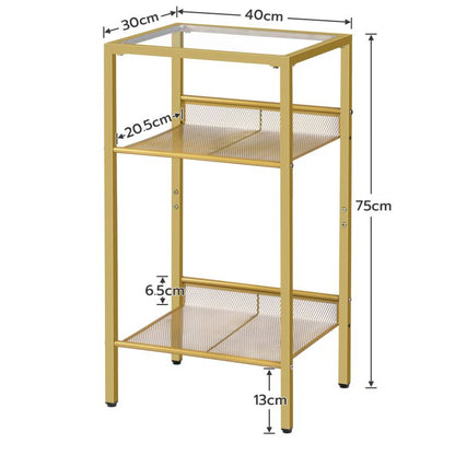 HOOBRO Beistelltisch Gold, Telefontisch, 3-stöckiger Nachttisch mit Platte aus gehärtetem Glas und Gitter, Sofatisch für Wohnzimmer, Schlafzimmer