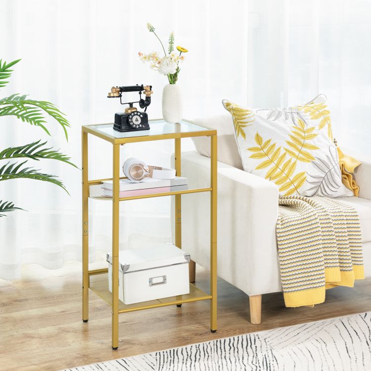 HOOBRO Beistelltisch Gold, Telefontisch, 3-stöckiger Nachttisch mit Platte aus gehärtetem Glas und Gitter, Sofatisch für Wohnzimmer, Schlafzimmer