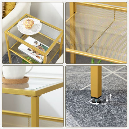 HOOBRO Beistelltisch Gold, Telefontisch, 3-stöckiger Nachttisch mit Platte aus gehärtetem Glas und Gitter, Sofatisch für Wohnzimmer, Schlafzimmer