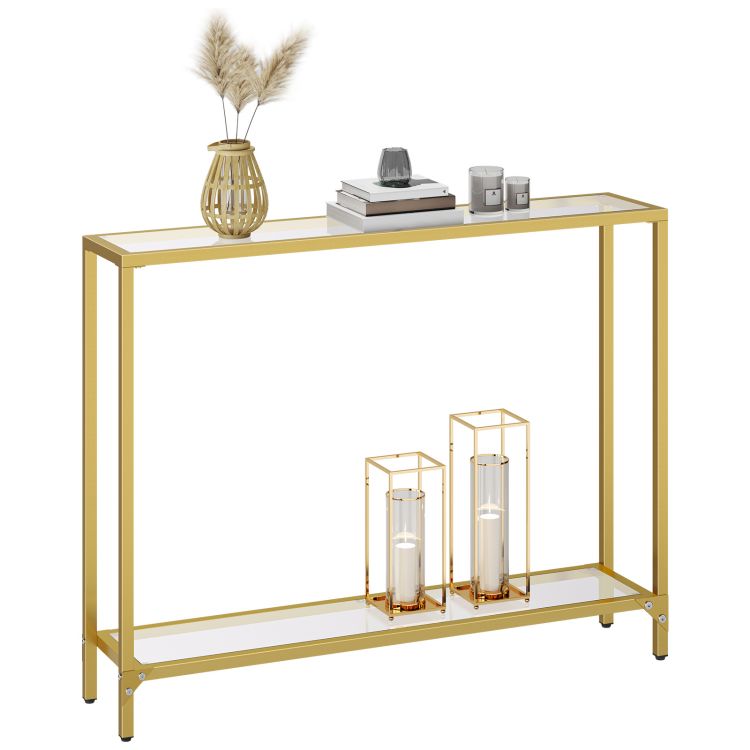 HOOBRO Konsolentisch mit Ablagen, 100 cm Beistelltisch, Hartglas, Eingangstisch, moderner Sofatisch, Ausstellungstisch, Metallgestell, für Wohnzimmer, Flur