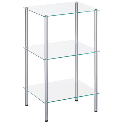 HOOBRO Glas Regal, 3 Etagen-Standregal, Robuster Glasregalständer für kleine Räume, Platzsparend, für Badezimmer, Schlafzimmer, Heimbüro, Gehärtetes Glas, Stahlrahmen