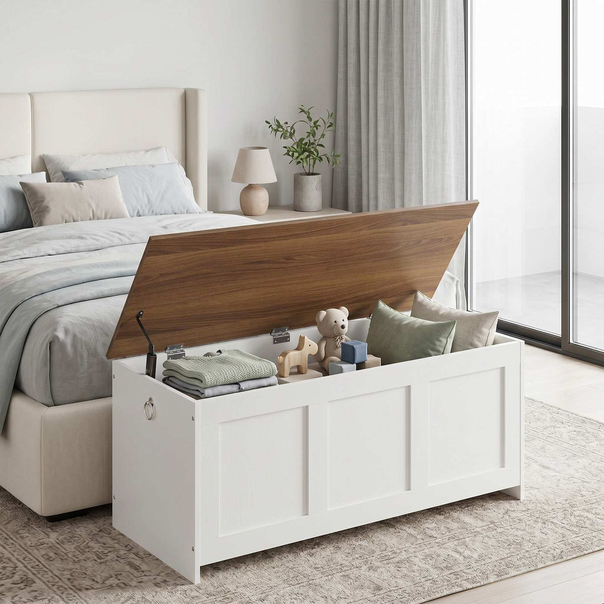 HOOBRO White Farmhouse Wooden Storage Chest for End of Bed