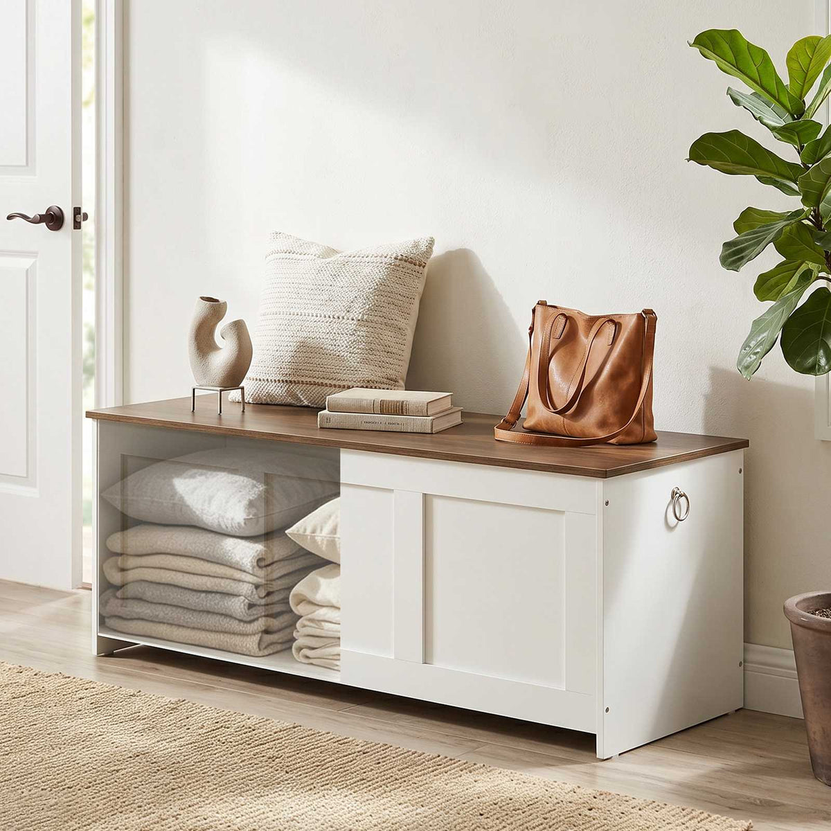 HOOBRO White Farmhouse Wooden Storage Chest for End of Bed