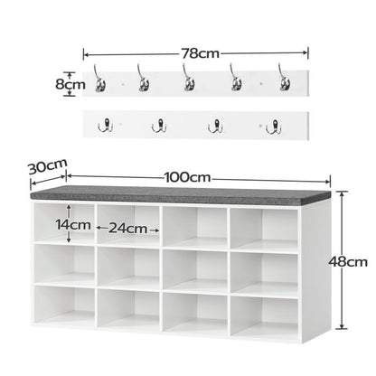 HOOBRO Garderobe Schuhregal Set, Schuhbank mit 12 Fächern, Schuhregal mit gepolsterter Sitzbank, Wandgarderobe mit 9 Haken, Schuhschrank für Flur, Eingangsbereich Schlafzimmer
