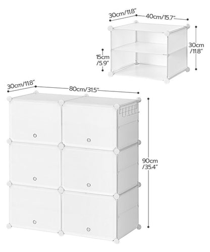 HOOBRO Schuhregal mit 6 Fächern, Schuhschrank, für 24 Paar Schuhe, 40 x 30 x 30 cm pro Fach, schmal, mit Türen, Kunststoff, für Wohnzimmer, Schlafzimmer, Flur, Eingang