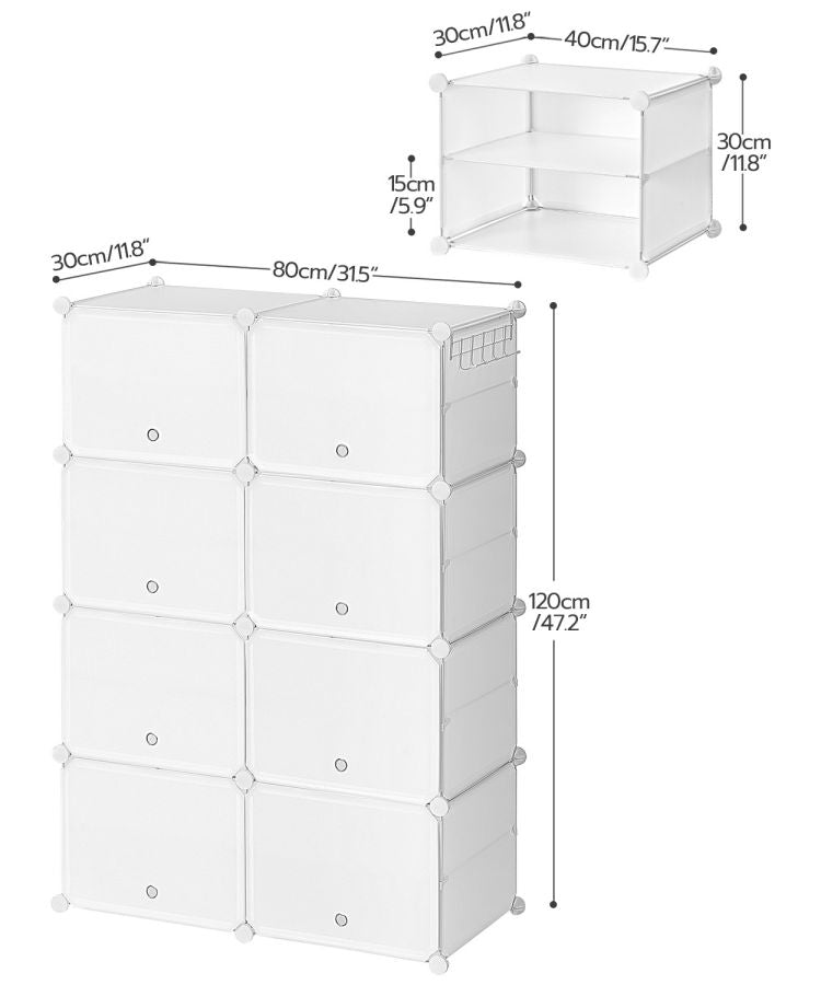 HOOBRO Schuhregal mit 8 Fächern, Schuhschrank, für 32 Paar Schuhe, 40 x 30 x 30 cm pro Fach, schmal, mit Türen, Kunststoff, für Wohnzimmer, Schlafzimmer, Flur, Eingang