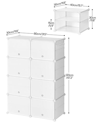 HOOBRO Schuhregal mit 8 Fächern, Schuhschrank, für 32 Paar Schuhe, 40 x 30 x 30 cm pro Fach, schmal, mit Türen, Kunststoff, für Wohnzimmer, Schlafzimmer, Flur, Eingang
