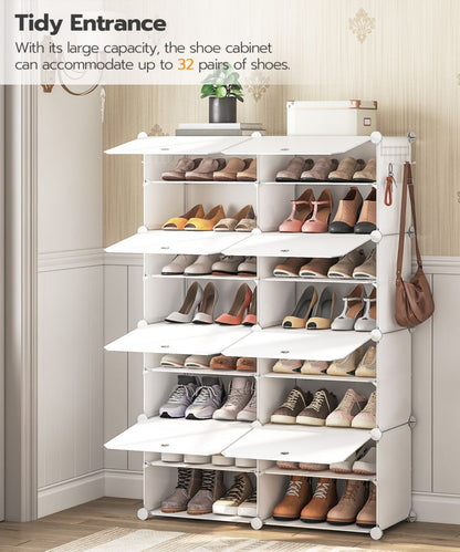 HOOBRO Schuhregal mit 8 Fächern, Schuhschrank, für 32 Paar Schuhe, 40 x 30 x 30 cm pro Fach, schmal, mit Türen, Kunststoff, für Wohnzimmer, Schlafzimmer, Flur, Eingang