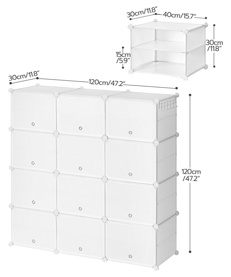 HOOBRO Schuhregal mit 12 Fächern, Schuhschrank, für 48 Paar Schuhe, 40 x 30 x 30 cm pro Fach, schmal, mit Türen, Kunststoff, für Wohnzimmer, Schlafzimmer, Flur, Eingang