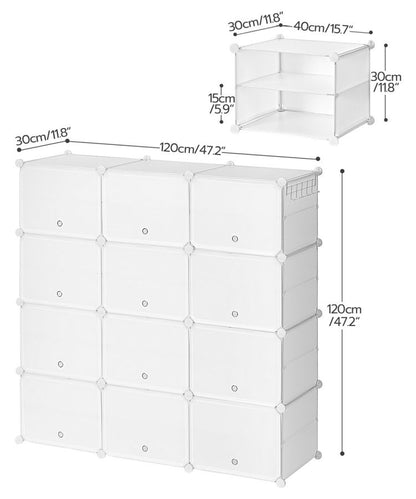 HOOBRO Schuhregal mit 12 Fächern, Schuhschrank, für 48 Paar Schuhe, 40 x 30 x 30 cm pro Fach, schmal, mit Türen, Kunststoff, für Wohnzimmer, Schlafzimmer, Flur, Eingang