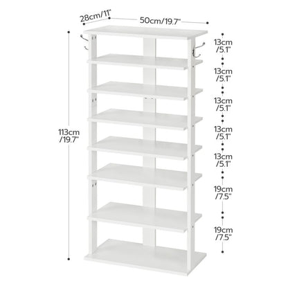 HOOBRO 8-lagiges Schuhregal, schmales Schuhablage, 50 cm Schuhschrank mit 2 Haken, Ablagegestelle, platzsparend, Eingang, Wohnzimmer