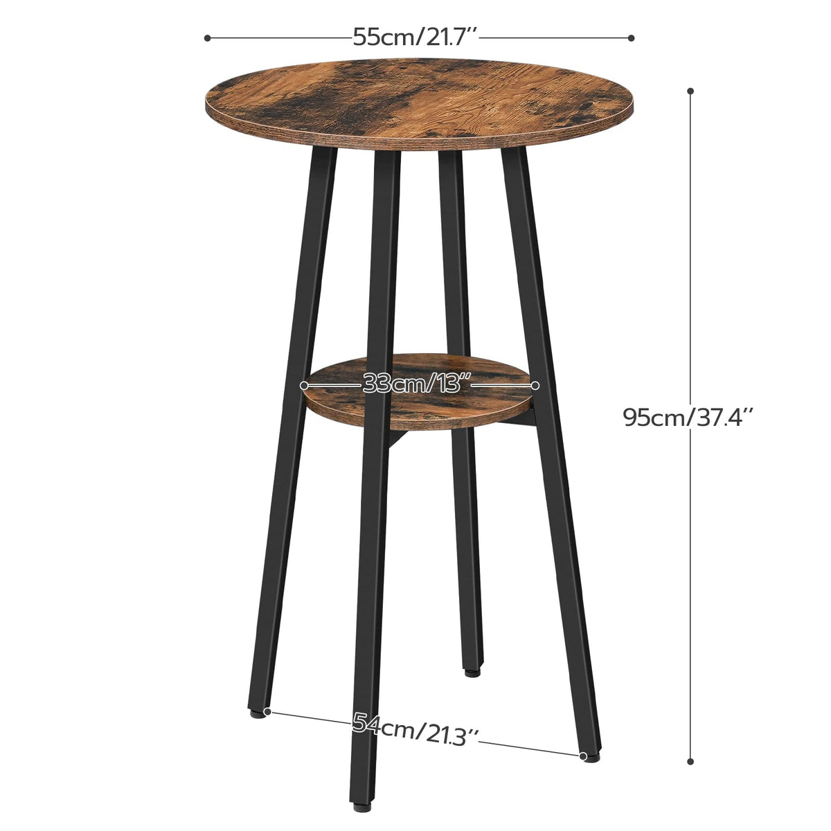 Detailed dimensions and space specifications chart of HOOBRO 2-tier round bar table with shelf.